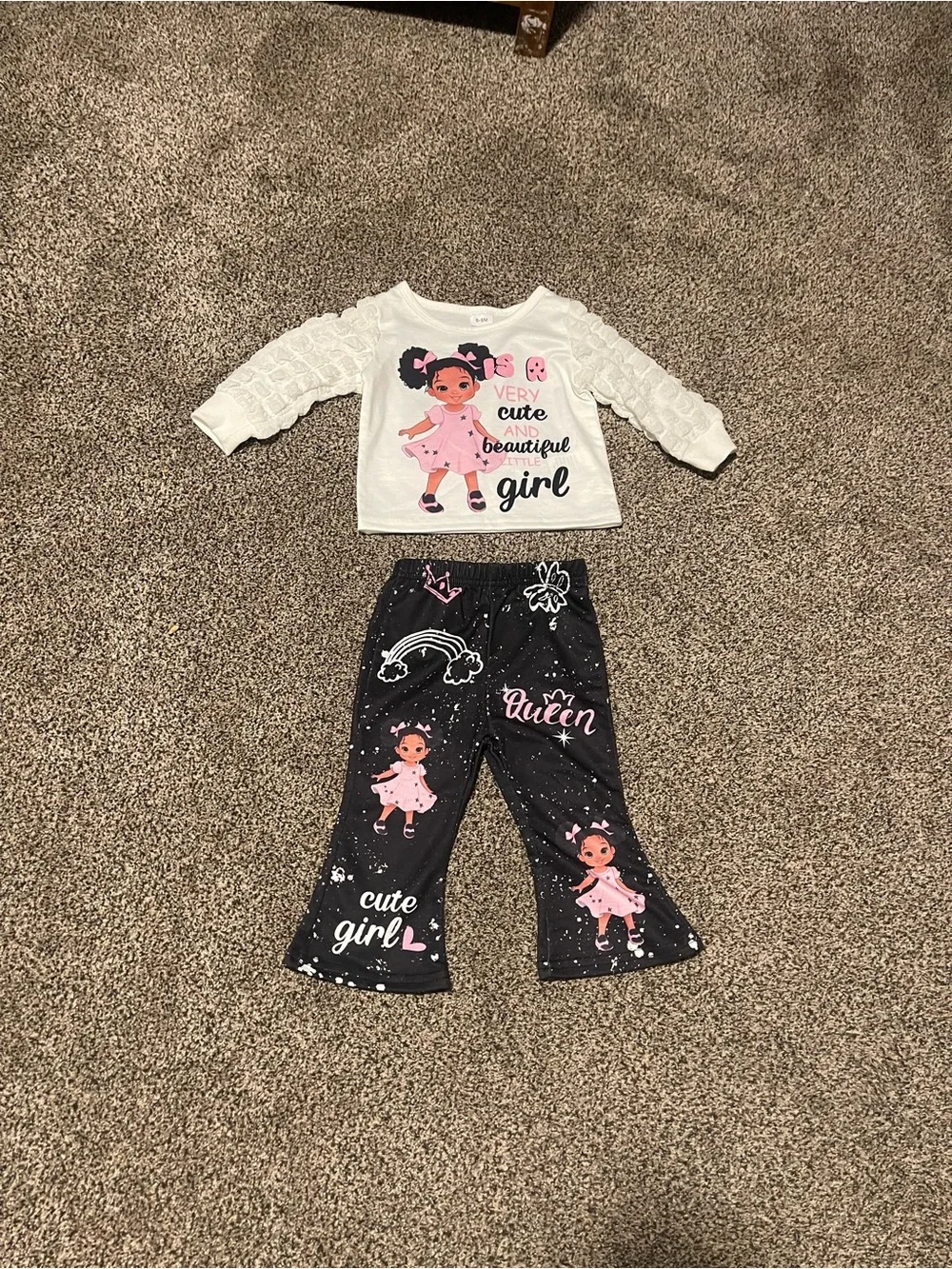 Girls Pink & White Cute Girl Matching Set - Long Sleeve Top & Pants